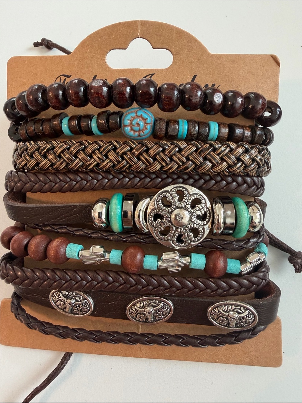 6 Pcs boho tribal leather bracelet stack turquoise bead and Cactus New!